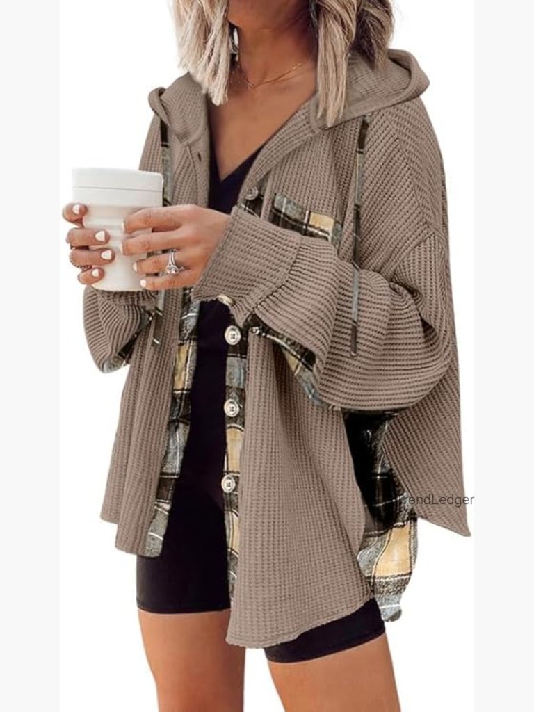 Waffle Knit Plaid Shacket Button Down Hooded Jacket Loose Fit